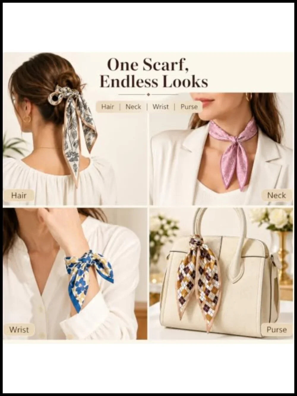 24 Pcs Multifunctional Silk-Like Fashion Scarves for Women, Neck Scarf, Hair